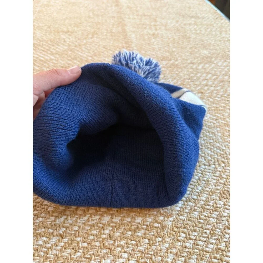 Blue & White Striped Pom Beanie
